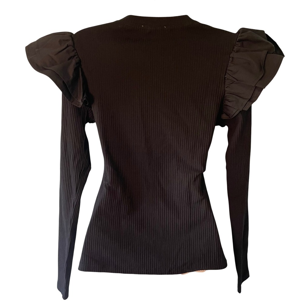 NWT Flying Tomato Happiest Here Black Knit Top Size M Ruffle Shoulder Ribbed - Picture 2 of 10